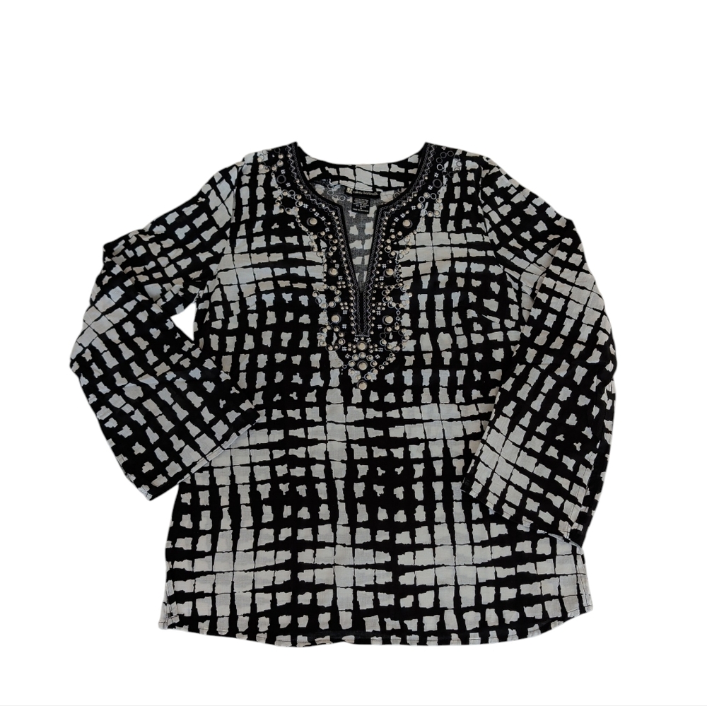Valerie Bertinelli Embellished V-Neck Boho Tunic Top SMALL Black White